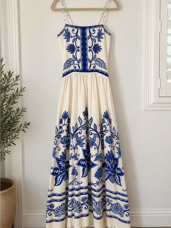 FARM Rio Dresses & Skirts - FARM Rio Cream Maxi Dress with Blue Floral Embroidery